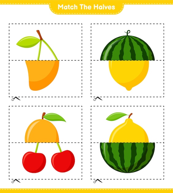 Dopasuj Połówki. Dopasuj Połówki Owoców. Gra Edukacyjna Dla Dzieci, Arkusz Do Druku