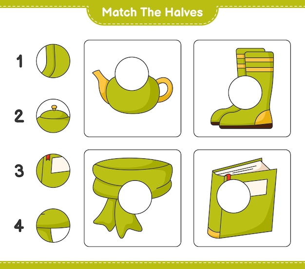 Dopasuj Połówki Dopasuj Połówki Szalik Książki Kalosze I Czajniczek Gra Edukacyjna Dla Dzieci Do Druku Ilustracji Wektorowych Arkusza
