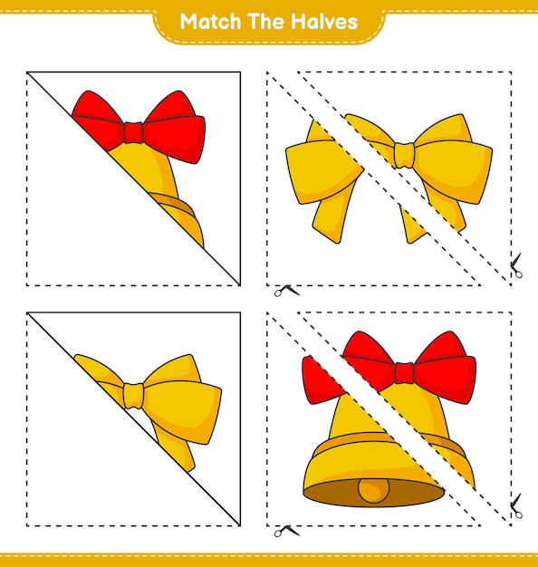 Dopasuj Połówki Dopasuj Połówki Wstążki I świątecznego Dzwonka Gra Edukacyjna Dla Dzieci Do Wydrukowania Ilustracji Wektorowych Arkusza
