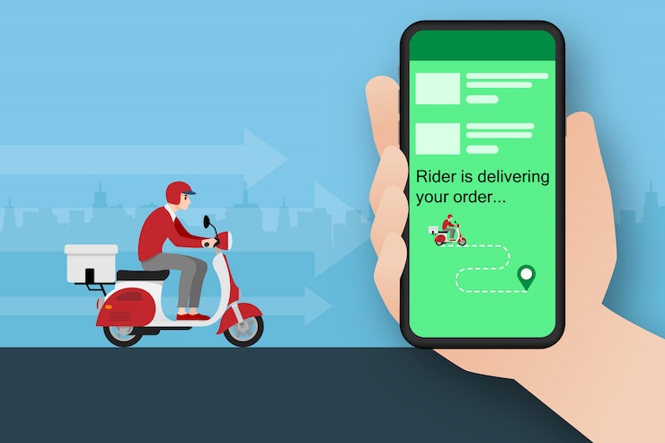 Wektor doręczyciel dostarczający paczkę do klienta motocyklem.