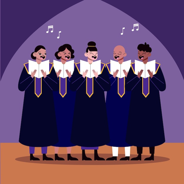 Dorośli śpiewający razem w chórze gospel ilustrowany
