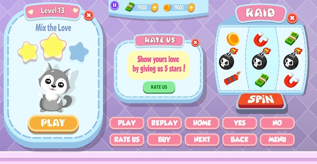 Dorywczo Cartoon Kids Game UI Poziom ukończony, spin Machine i oceń menu US Pop-up z gwiazdkami, przyciskami i kotem