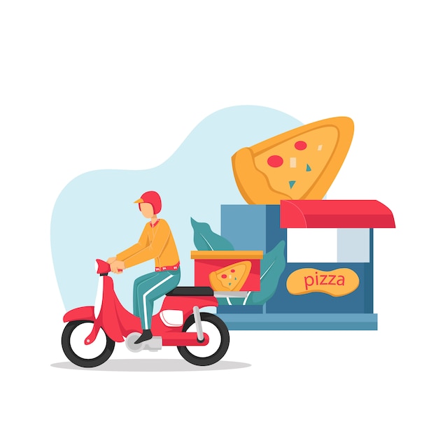 Dostawa, facet na motorowerze nosi pizzę. Postacie. Ilustracja Płaska konstrukcja.