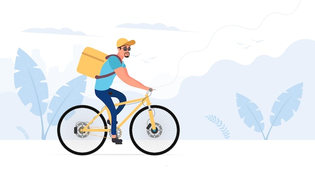 Dostawa jedzenia na rowerze. Facet na rowerze jeździ po parku. Koncepcja dostawy rowerów. Czas ilustracji wektorowych.