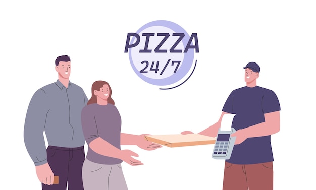 Dostawa Pizzy Przez Całą Dobę Pyszne Fastfoody Dla Młodych Szczęśliwych Par Online Lub Płatność Kartą Kurier Wektorowy I Klienci Kawiarnia Restauracja Pizzeria Take Away