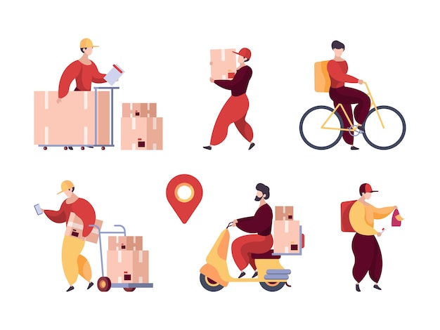Dostawa. Profesjonalne dostarczanie postaci pracowników magazynu listonosz z paczkami i transportem wektorów płaskich stylizowanych ludzi. Ilustracja profesjonalna obsługa, dostarczanie transportu kreskówek