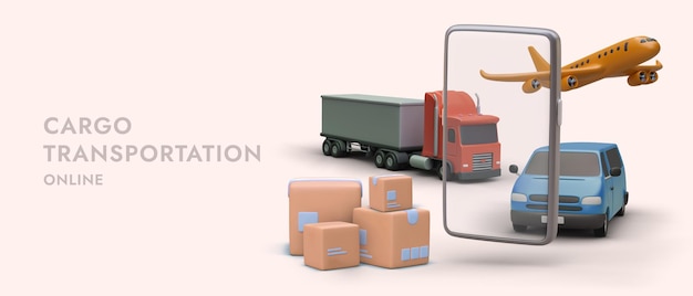 Dostawa różnymi pojazdami Transport lądowy i powietrzny Usługi dostaw międzynarodowych Małe paczki i duże ładunki Zamawianie usług online Baner reklamowy do projektowania stron internetowych
