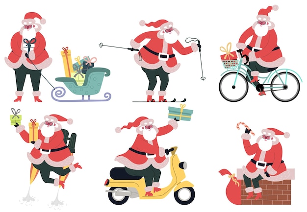 Dostawa Świętego Mikołaja. Ładny charakter Świętego Mikołaja dostarczanie prezentów świątecznych z rowerem, saniami i motorowerem wektor zestaw ilustracji. Dostawa prezentów świątecznych
