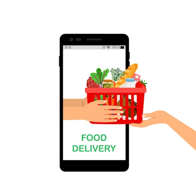 Dostawa zbliżeniowa. Sklep spożywczy online, aplikacja mobilna supermarketu. Ilustracja wektorowa kosz spożywczy trzymając się za ręce
