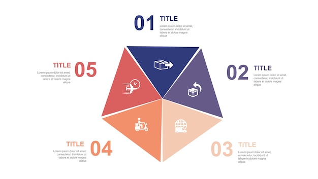 Dostawa zwrotna na całym świecie dostawa skuter dostawa drogą powietrzną ikony Infografika szablon układu projektu Koncepcja kreatywnej prezentacji z 5 krokami