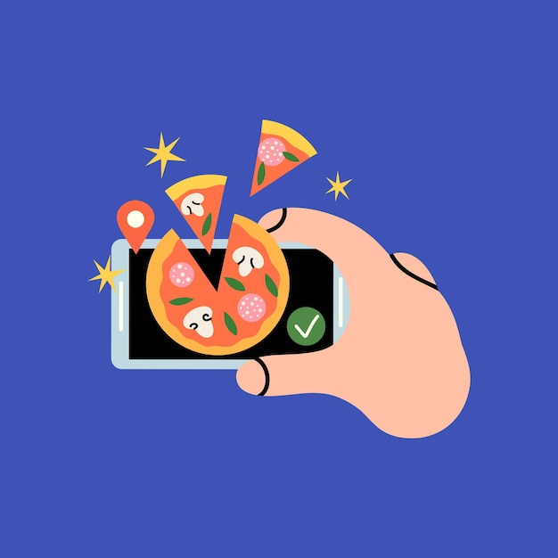 Plik wektorowy dostawa żywności na ekranie aplikacji mobilnej dla smartfonów produkty szybkie zamówienie kawiarnia lub restauracja online kupowanie pizzy włoska pizzeria e-commerce koncepcja wektorowa kreskówka płaska izolowana ilustracja