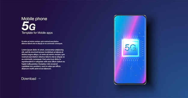 Plik wektorowy doświadcz ultra szybkiej łączności z technologią mobilną 5g elegancki smartfon z dynamicznym wyświetlaczem