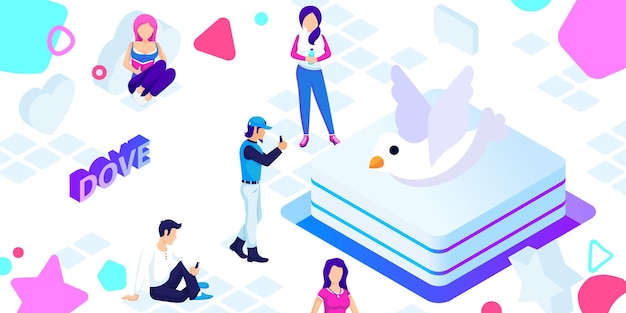 Dove izometryczny projekt ikona Wektor ilustracja sieci web 3d kolorowa koncepcja