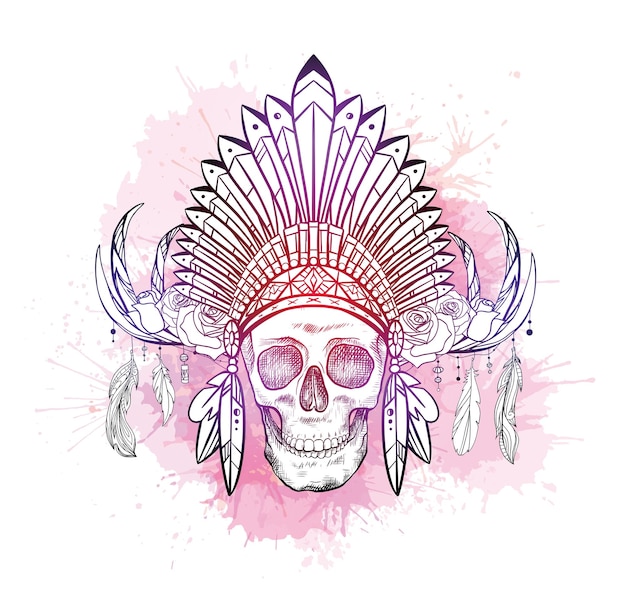 Plik wektorowy drawing of human skull in native american hat with deer horns and roses on pink watercolor splashes