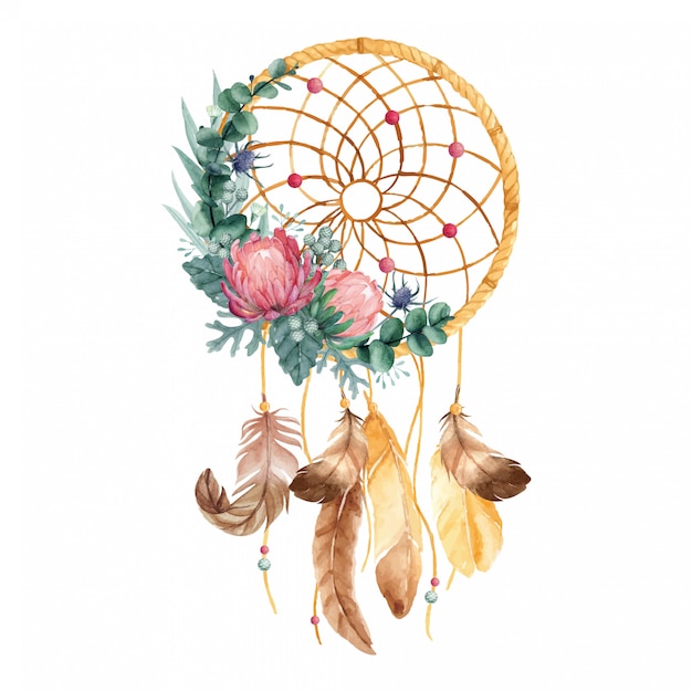 Plik wektorowy dreamcatcher akwarela z kwiatami