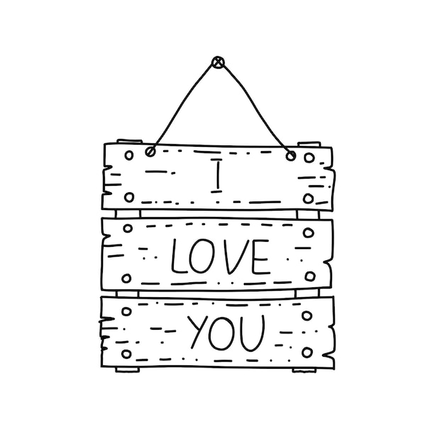 Drewniana deska szkic w stylu doodle Kocham cię wiadomość na drewnianej desce Koncepcja ślubu walentynkowego