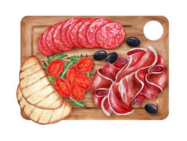 Plik wektorowy drewniana deska z prosciutto, salami i suszonymi pomidorami. ilustracja akwarela antipasta