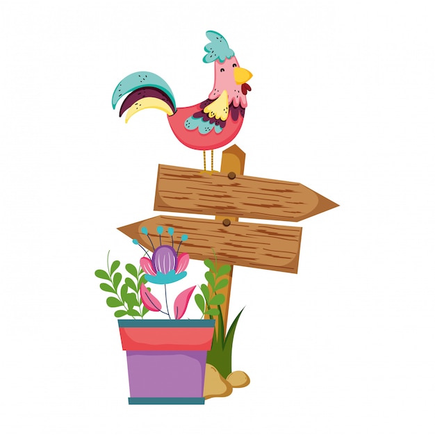 Drewniana Strzała Z Rooster I Houseplant