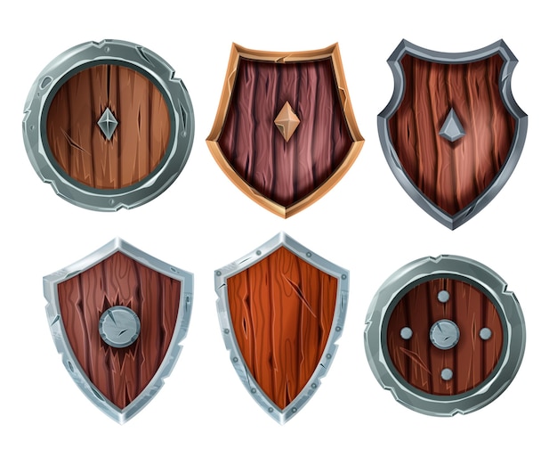 Drewniana tarcza ilustracja wektorowa zestaw średniowieczna gra rycerz zbroja stara pęknięta bitwa RPG fantasy