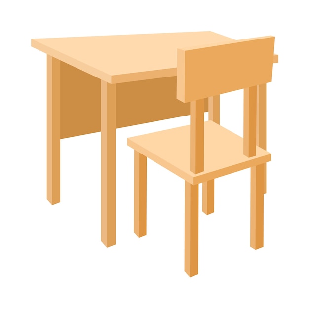 Drewniane Biurko Szkolne I Ikona Krzesła W Stylu Kreskówki Na Białym Tle