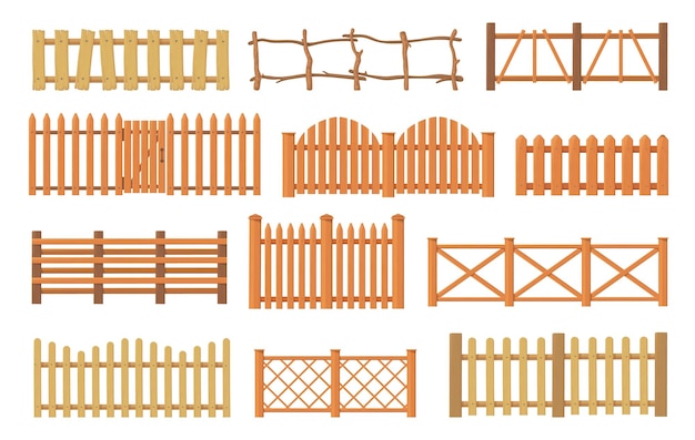 Drewniane ogrodzenia Drewniane ogrodzenie z drewna palisada poręcze ogrodowe ogrodzenia z kreskówek typy farma lub wiejskie bariery podwórze dom bramy panel granica schludny wektor ilustracja bariery obudowa drewno drewno