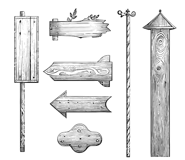 Drewniane Tablice Tablicowe Wskaźniki Szkic Ręcznie Rysowane Grawerowane Styl Wektor Mody Wakacje Wakacje