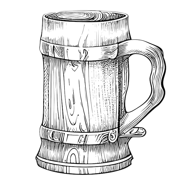 Drewniany kubek do piwa retro ręcznie rysowane szkic ilustracji wektorowych