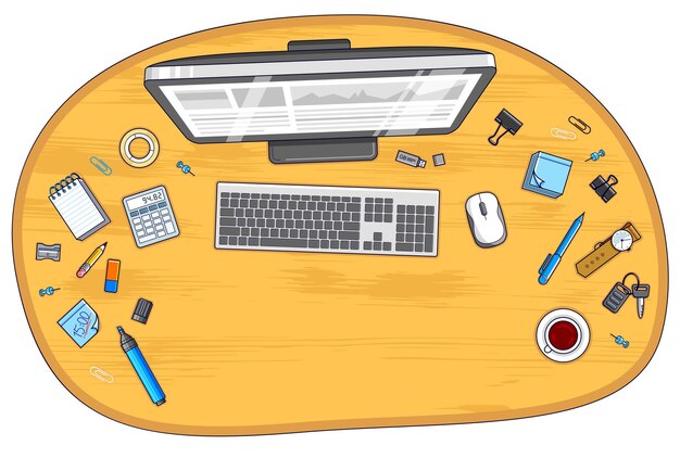Drewniany pracownik biurowy lub przedsiębiorca biurko do pracy z komputerem PC i różnorodnymi obiektami papierniczymi do pracy z miejscem na kopię tekstu. Wszystkie elementy są łatwe w użyciu osobno. Wektor.