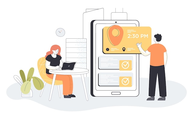 Drobna Kobieta I Mężczyzna Przed Spotkaniem Planującym Na Ekranie Telefonu Komórkowego Z Aplikacją Online. Ludzie Korzystający Z Ilustracji Wektorowych Płaski Kalendarz Spotkań Biznesowych. Rezerwacja, Miejsce Pracy, Koncepcja Technologii Cyfrowej