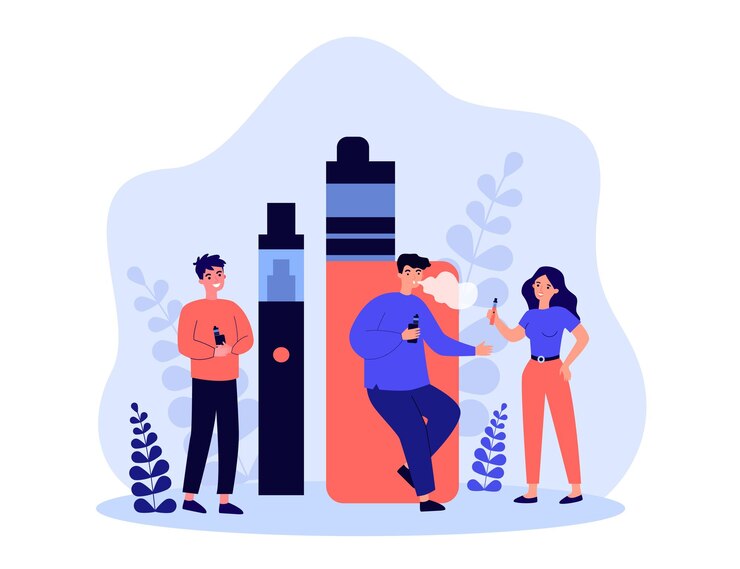Drobni hipsterzy palący alternatywne papierosy elektroniczne Osoby posiadające waporyzatory i vaping płaską ilustrację wektorową Koncepcja stylu życia sklepu Vape dla projektu strony internetowej banera lub strony docelowej