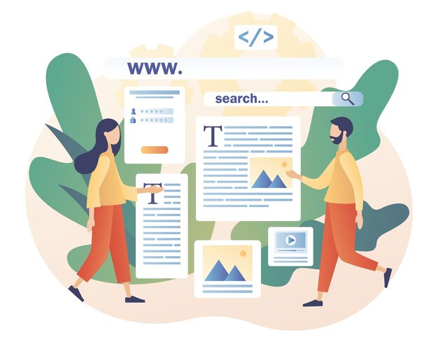 Drobni ludzie projektanci stron internetowych budujący stronę internetową Koncepcja projektowania stron internetowych Projektowanie interfejsu witryny Oprogramowanie