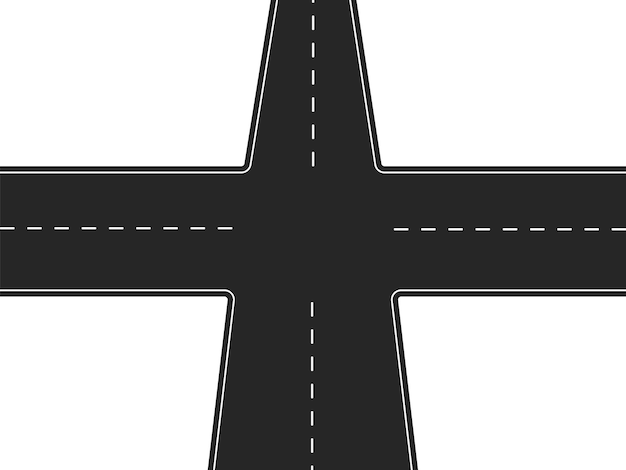 Plik wektorowy droga czterokierunkowa czarna autostrada ze skrzyżowaniem i białymi oznaczeniami skrzyżowanie ruchu ze znalezieniem właściwego kierunku wektora