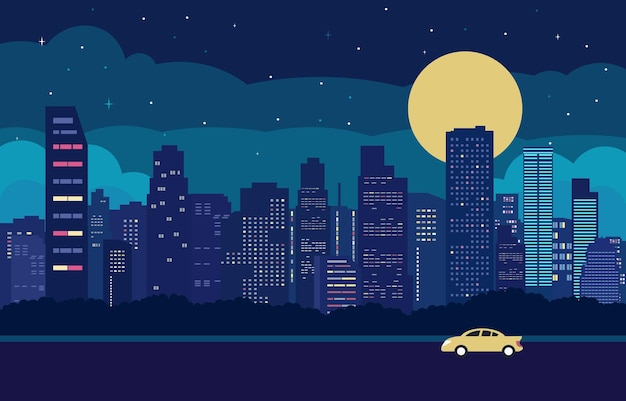 Droga W Mieście W Nocy Z Ilustracją Cityscape Flat Design