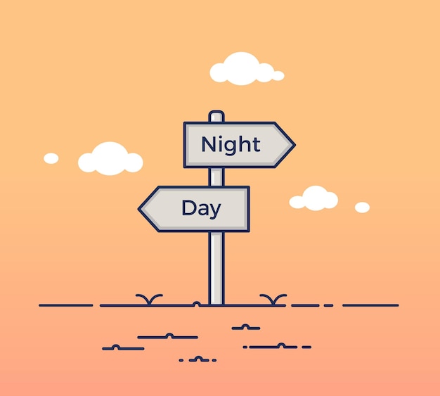 Plik wektorowy drogowskaz o zachodzie słońca wskazujący na 2 przeciwne kierunki między nocą a dniem ilustracja wektora