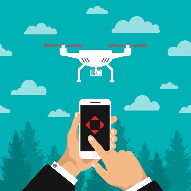 Dron dostarczający nad lasem. Kontrola dronów przez telefon. Szybki i wygodny transport. Szablon kwadrokoptera. Ilustracja na białym tle.