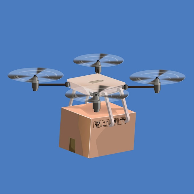 Dron dostawczy z pudełkiem. Projekt graficzny ilustracji wektorowych Drone. Nowoczesne metody dostarczania robotów. Odosobniony.