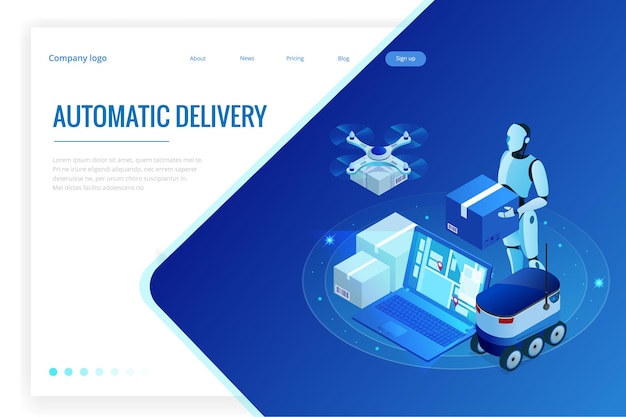 Dron izometryczny Szybka dostawa towarów w mieście. Koncepcja innowacji technologicznej wysyłki. Logistyka autonomiczna. Koncepcja sieci web dostawy robota.
