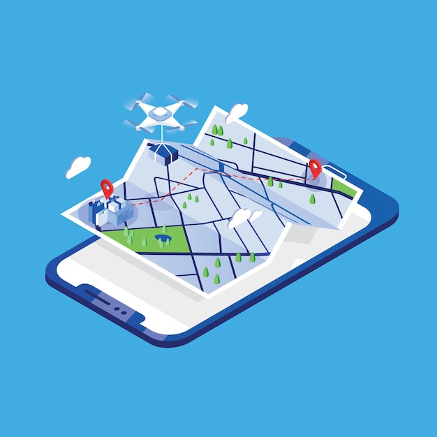 Dron Niosący Paczkę I Lecący Nad Papierową Mapą Miasta I Gigantycznym Telefonem Komórkowym
