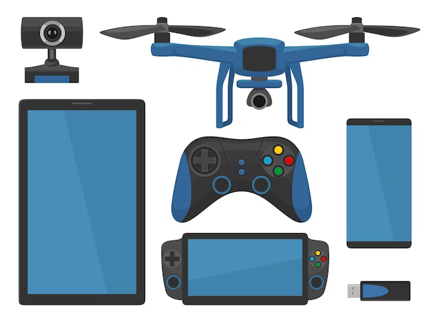 Plik wektorowy dron powietrzny z pilotem, smartfonem, aparatem, pendrivem. ilustracja wektorowa płaski kolor. na białym tle.