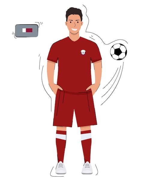 Plik wektorowy drużyna piłkarska katar. uśmiechnięty mężczyzna w piłkarskim mundurku z piłką. izolowany wektor