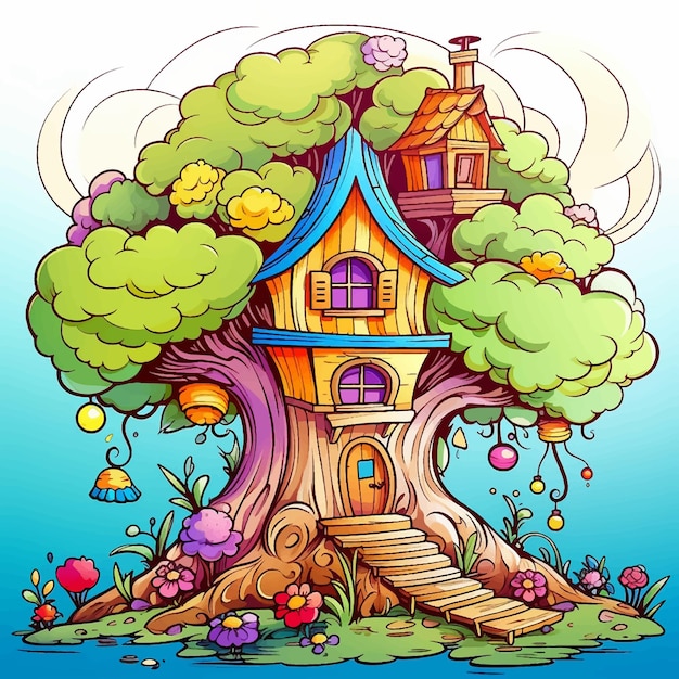 Drzewa Domowe Ilustracja Przyroda Wektorowy Projekt Kreskówki Trawa Rysunek Dom Zielony Krajobraz Sztuka Drewno