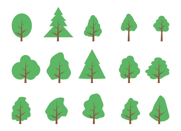 Drzewa. Wektor Zestaw Płaskich Drzew, Lasów I Krzewów. Elementy Kolekcji, Różne Zielone Drzewa, Krzewy.