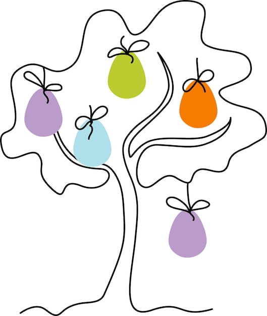Drzewo Sztuki Liniowej Ozdobione Kolorowymi Jajkami Wielkanocnymi Ilustracja Wielkanocna Do Projektowania