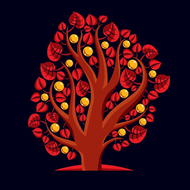 Drzewo Z Dojrzałymi Jabłkami, Ilustracja Tematu Sezonu żniw. Symboliczny Obraz Pomysłu Na Płodność I Płodność.