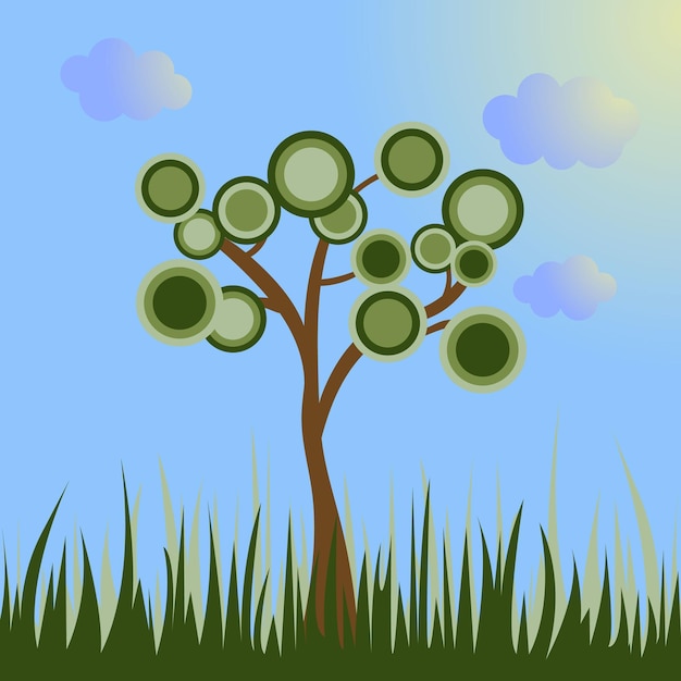 Drzewo z okrągłą koroną na niebieskim tle z zieloną trawą