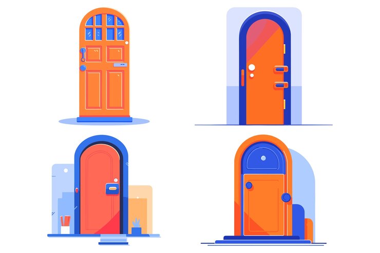 Wektor drzwi wejściowe do biur i domów w stylu płaskim ux ui izolowane na tle