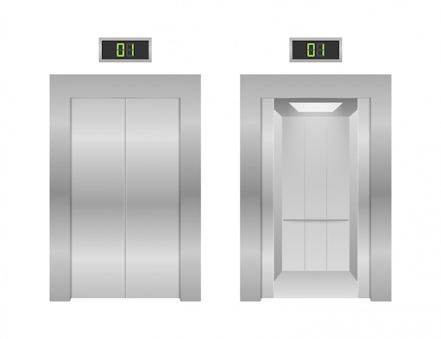 Drzwi Windy. Winda Zamykająca I Otwierająca Metaliczna W Budynku Biurowym. Ilustracja.