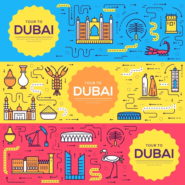 Dubai Karty Cienka Linia Zestaw Ilustracji