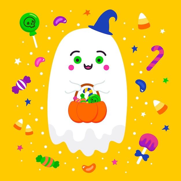 Duch trzyma dynię z cukierkami na żółtym tle Halloween