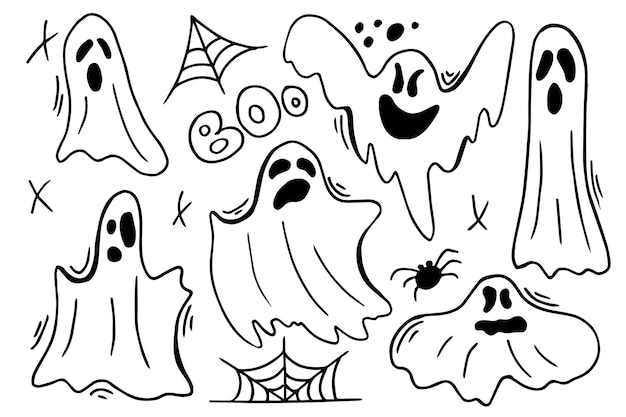 duchy Halloween zwierzę wektor ręcznie rysowane grafika liniowa szkic ilustracja duch do sezonowego projektowania dekoracji tekstylnych pokój zabaw dla dzieci lub kartka z pozdrowieniami ręcznie rysowane wydruki i bazgroły